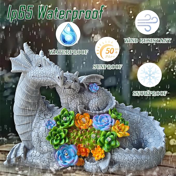 VIOYOUNS Solar Dragon Statue with LED Lights, Dargon Lover Gifts with Succulent and 6 LED Lights for Outdoor,Solar Dragon Decor for Yard, Garden and Patio, Unique Garden Statue for Mom Grandma