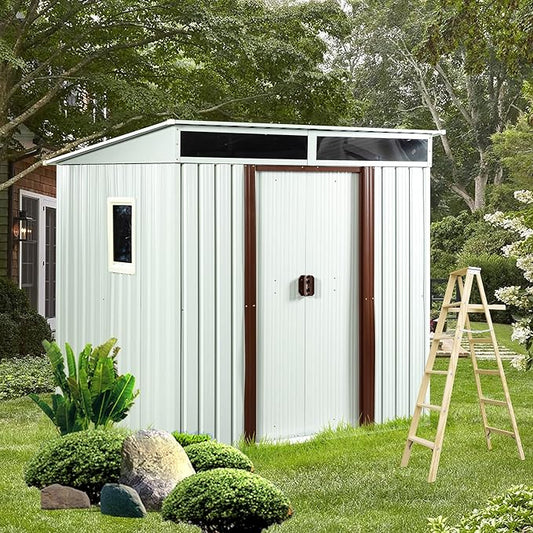 6X5 FT Outdoor Storage Shed, Waterproof Metal Garden Sheds with Lockable Door, Steel Tool Storage Buildings Shed & Outdoor Storage House for Garden, Backyard, Patio, Lawn, Trash Cans(White)