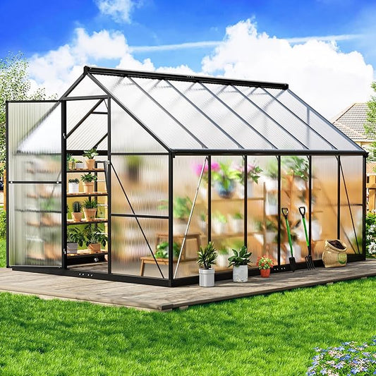 8×12 FT Greenhouse for Outdoors, Quick Setup Polycarbonate Greenhouse with Roof Vent, Walk in Green Houses for Outside for Outdoor Garden Backyard, Black
