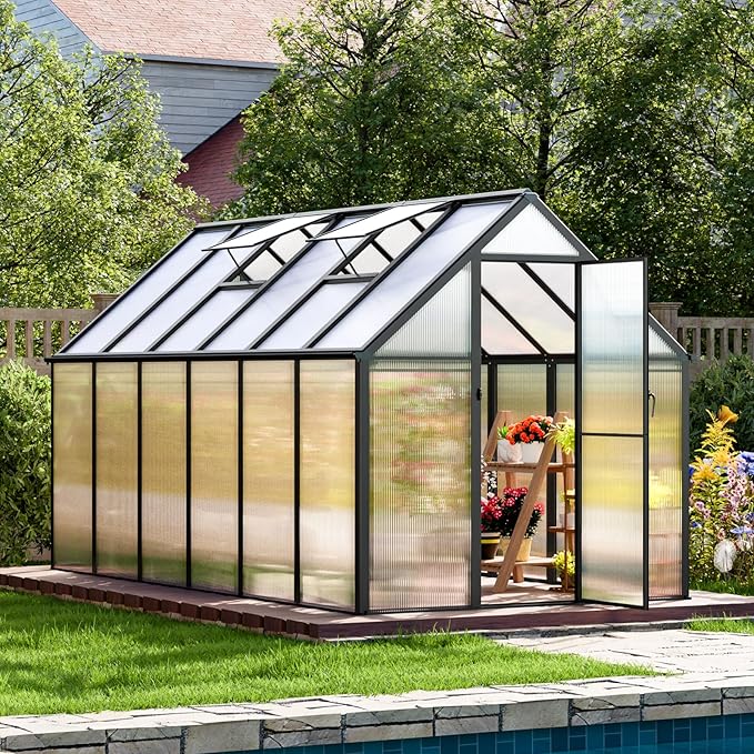 12x6 FT Outdoor Greenhouse, Easy Assembly Large Aluminum Polycarbonate Kit, 2 Vent Windows, Swing Door, Walk-in, for Outside, Sunroom, Backyard, Garden
