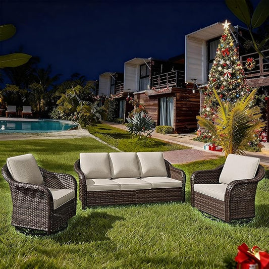 3 Pieces Outdoor Patio Conversation Set, 78" Couch, 2 Chairs, Rattan Wicker Conversation Furniture with Removable Cushions for Bistro, Deck (Beige)
