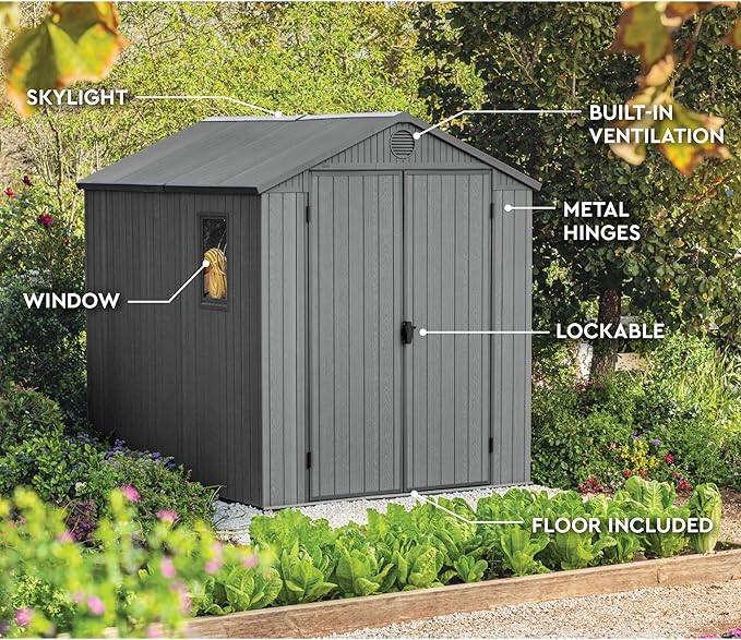 Keter Outdoor Storage Tool Shed, for House, Patio & Yard, Darwin, 6 x 8 Ft, Graphite Gray - Portable and Lockable Resin Utility Organizer for Backyard, Pool, Garden or Lawn Organization