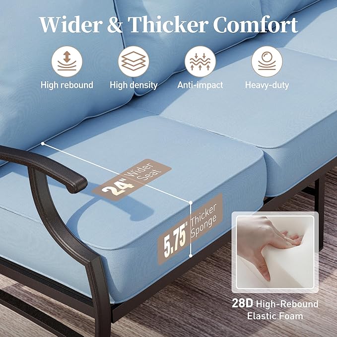 5 Piece Metal Outdoor Patio Furniture Sets, Patio Conversation Sets 1 3-Seater Sofa, 2 Swivel Chairs, 2 Ottomans with 5.75" Thick Cushion, Black All-Weather Backyard Furniture, Blue