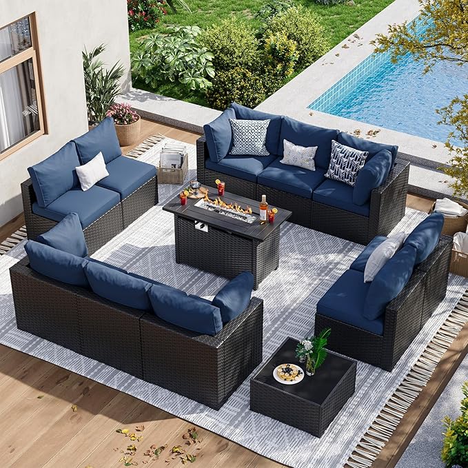 Aoxun 12 Piece Patio Furniture Set with 44” Fire Pit Table Wicker Rattan Patio Sectional Sofa Set Outdoor Seating Furniture with Thickened Cushion, Navy Blue