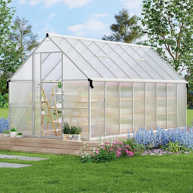 Polycarbonate Greenhouse for Outdoors, Large Walk-InGreenhouse with Quick Setup Structure and Roof Vent, Greenhouse with Ventilation