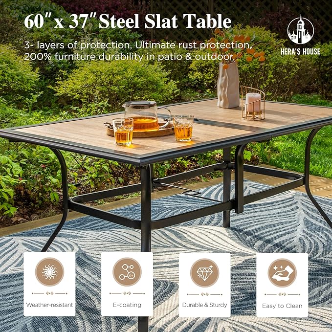 HERA'S HOUSE Patio Dining Table, 60"x38" Rectangle Outdoor Dining Table Top with Umbrella Hole and Metal Steel Frame for Lawn Garden Backyard