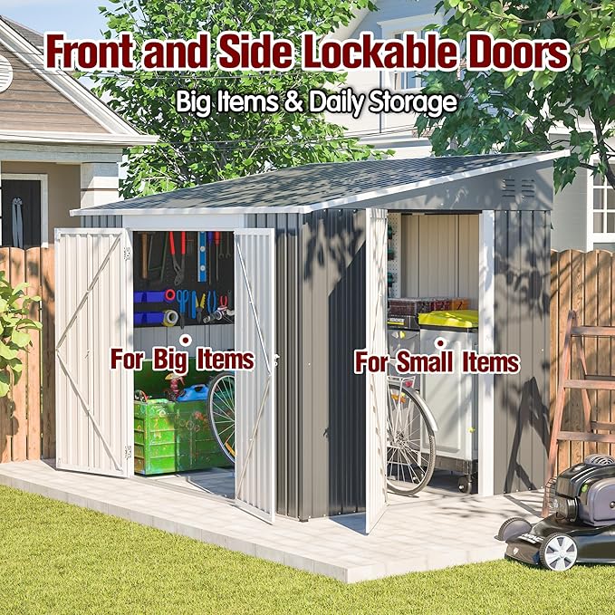 8x6FT Lean to Shed with Floor Frame, Metal Outdoor Storage Shed with Two Separate Doors for Garden Backyard Patio, Large Tool Shed for Bicycle&Lawn Mower Storage