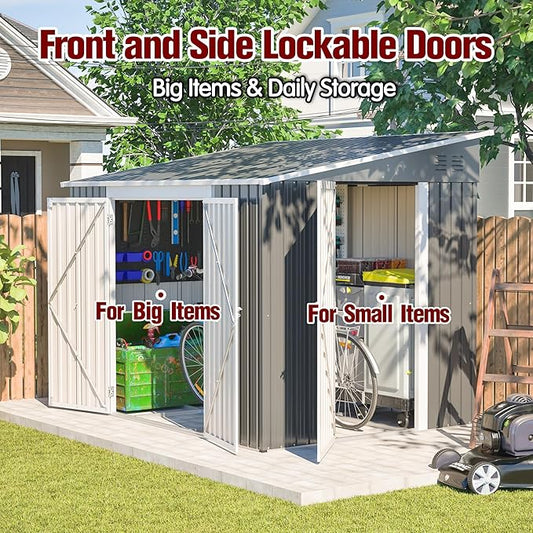 8x6FT Lean to Shed with Floor Frame, Metal Outdoor Storage Shed with Two Separate Doors for Garden Backyard Patio, Large Tool Shed for Bicycle&Lawn Mower Storage