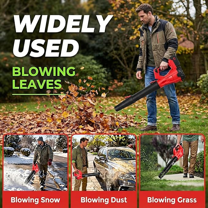JH Steady 21V Cordless Leaf Blower - 3500W 350m/s, Stepless Variable Speed, Extended Nozzle, Rechargeable with Safety Gear (Red:1*Battery + Charger)