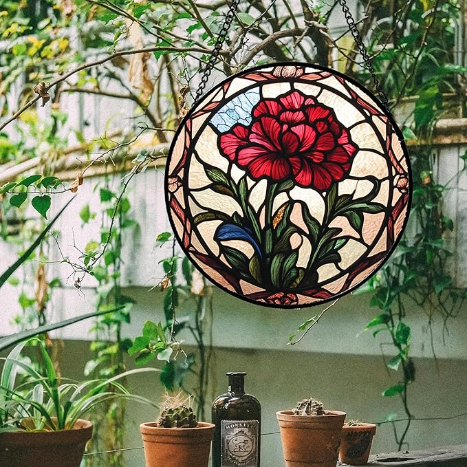 AMDERVEN Stained Glass Window Hanging - Red Carnation Birth Flower Sun Catcher for Door Garden Home Decor Suncatcher Christmas Mother's Day Birthday Gifts for Women Men Mom Nana Friend Wife 15 in