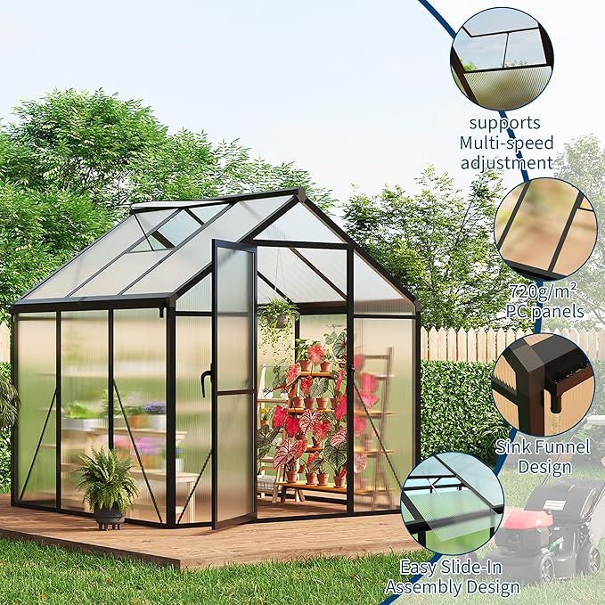 6x6 FT Greenhouse for Outdoors, Polycarbonate Greenhouse with Roof Vent, Ground Nails, Lockable Push Door, Aluminum Large Walk-in Green House for Outside Garden Backyard, Patio, Lawn, Black