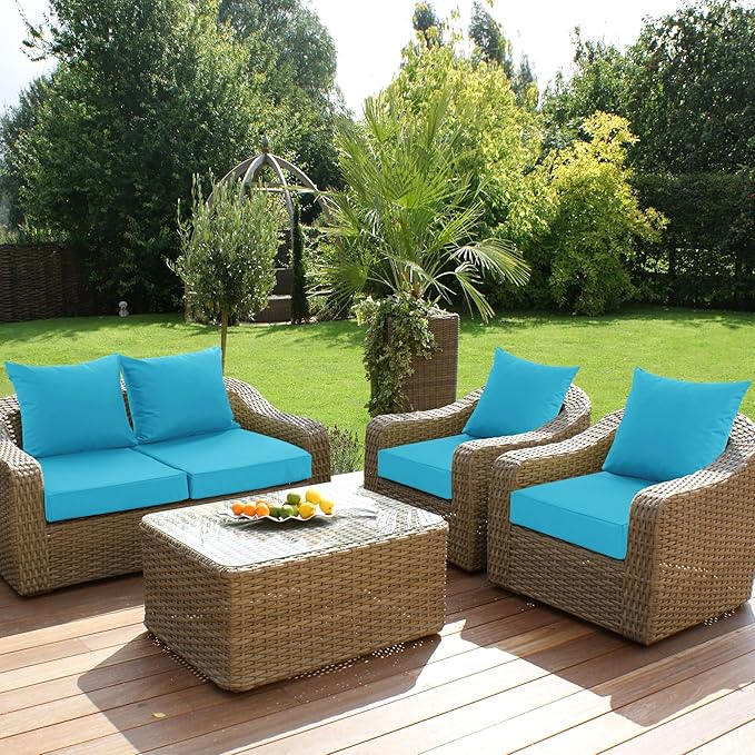 Outdoor Backrest and Deep Seat Cushion Set, Waterproof Fade Resistant Patio Chair Furniture Cushion with Removable Cover, 22 x 22 Inch, Teal, Set of 4