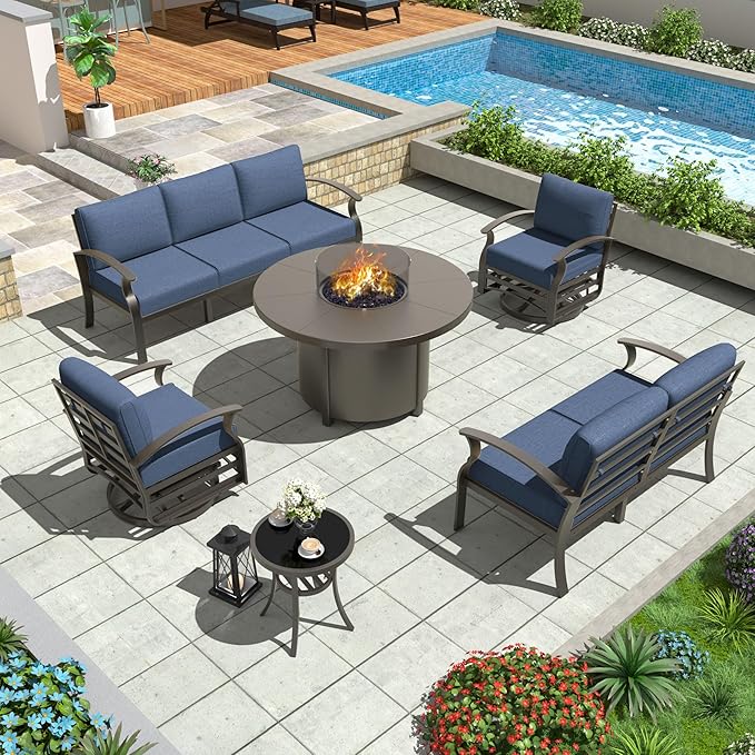 Aluminum Patio Furniture Set with Round Fire Pit Table, 7 Seats Outdoor Conversation Sets Modern Metal Patio Sectional Sofa with Upgrade Cushions for Patio, Backyard Navy