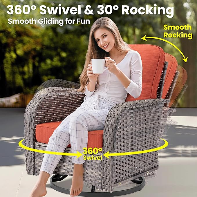 ovios 9 Pieces Patio Furniture Set, Outdoor Wicker Sofa Couch with Rocking Swivel Chairs Solar Lights Table, Modern Deep Seat Rattan Conversation Sets for Porch Deck, Orange Red