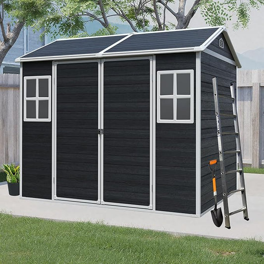 Storage Shed 8x6 ft Outdoor Resin Shed with Floor, Plastic Sheds with Two Windows and Lockable Double Door, Waterproof Garden Shed with Vents, Tool Sheds for Backyard, Patio, Lawn, Black