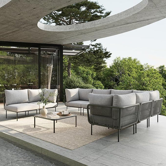 9 Piece Modern Outdoor Rope Wicker Sectional Patio L-Shaped Conversation Sofa Set Deep Seating with Thick Cushions