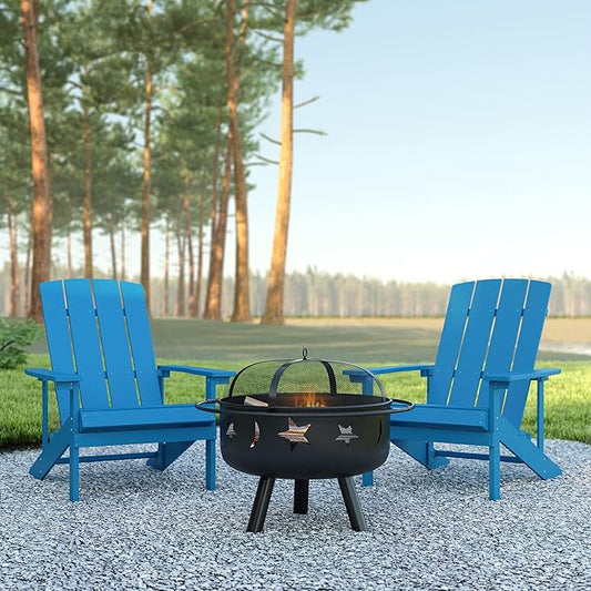 EMMA + OLIVER Campfire Set - Two Blue Poly Resin Adirondack Chairs - 29" Star and Moon Fire Pit with Mesh Cover - Weather Resistant - Wood Burning Fire Pit