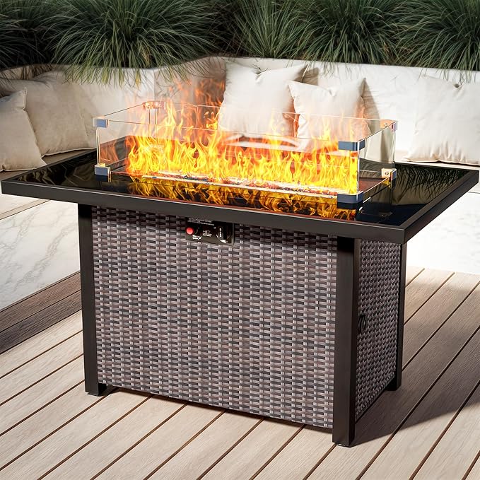 Propane Outdoor Fire Pit Table, 43" Rattan Rectangle Fire Pit Table, Outdoor Gas FirePit W/Glass Wind Guard, Tempered Glass Tabletop, Lid, CSA Listed, 60,000 BTU for Outside Patio Deck & Garden, Brown