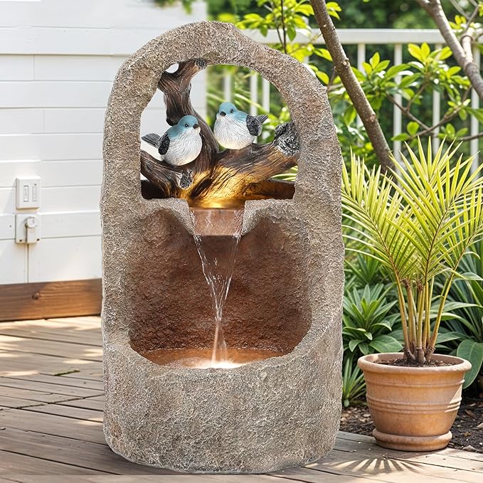 Autodaya 27" Outdoor Water Fountain with LED Lights,2-Tier Bird Natural Zen Garden Fountain, Relaxing Waterfall Floor, Yard, Porch or Deck Decor, Whether-Resistant, Faux Granite Texture