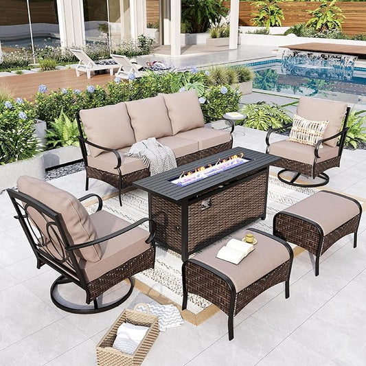 GREEN PARTY Extra Large Outdoor Patio Furniture Set with 56" Fire Pit Table 6 Pieces for 7, Modern Metal Patio Conversation Sets with High Back 3-Seat Sofa, 2 Swivel Chairs, 2 Ottoman