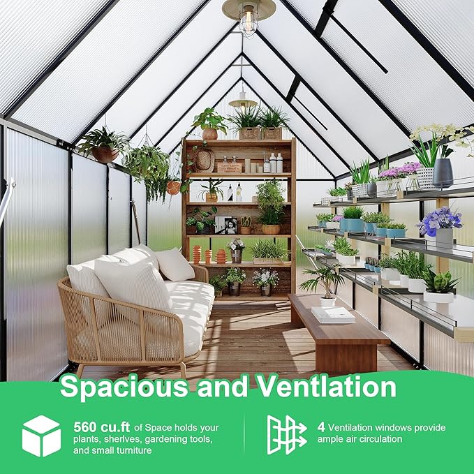 Polycarbonate Greenhouse for Outdoors, Large Walk-InGreenhouse with Quick Setup Structure and Roof Vent, Greenhouse with Ventilation