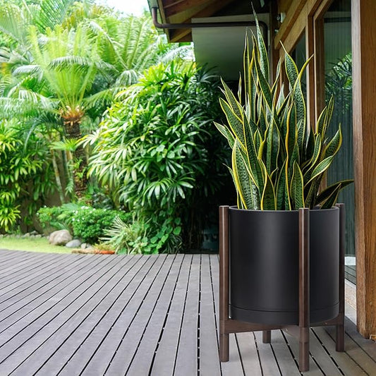 D'vine Dev Planter Pot with Stand - 16 Inch Plastic Cylinder Flower Pot with Wood Planter Holder for Indoor, Matte Black Pot + Walnut Color Stand, 55-C-X-2