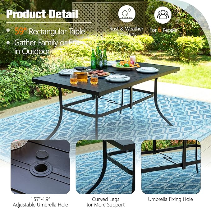 Sophia & William 7 Pieces Patio Dining Set with 13ft Beige Umbrella, Folding Outdoor Dining Chairs for 6, Rectangular Metal Patio Table and Sling Chairs Set, Blue