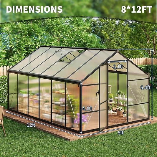 8 x 12 ft Greenhouse, Greenhouses for Outside, Polycarbonate Greenhouse with Aluminum Frame, Lockable Door and Ajustable Roof Vent for Backyard, Green Houses for Outside Garden Backyard, Patio