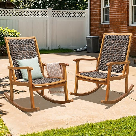 IDZO Wood Wicker Rocking Chair, 400 lbs Capacity, Durable Eucalyptus Wood, Natural Finish, Comfortable Curvy Design, Ideal for Deck, Patio Furniture, Teak Outdoor Furniture, Set of 2