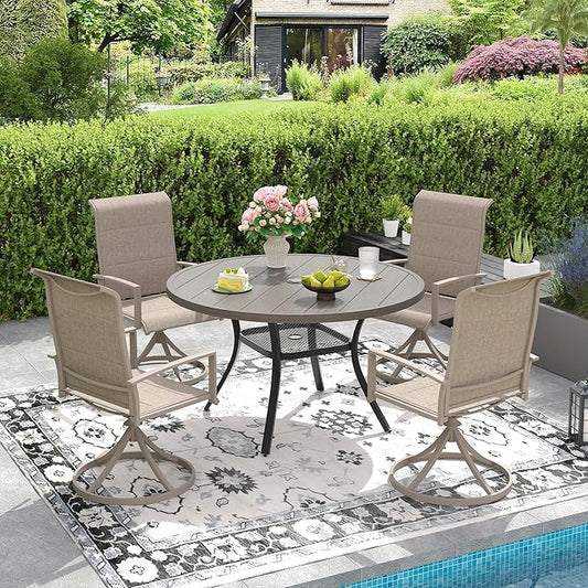 DIFY Outdoor Dining Table for 4, Round Patio Table with Umbrella Hole for Garden, Backyard and Porch (Grey)