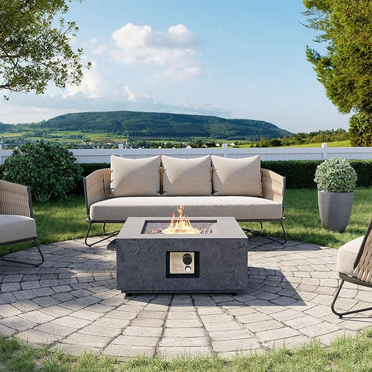 Cosiest Propane Fire Pit for Outside, 28 in Square Gas Fire Pits for Outdoor Patio, Certified, 50000 BTU Concrete Rectangle Base with Rain Cover, Free Lava Rocks