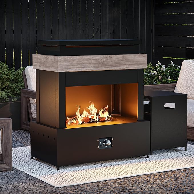 Outdoor Propane Fireplace w Tank Table, 50,000 BTU Gas Fire Pit with Ceramic Logs, Rain Cover, 35 Inch Steel Metal Smokeless Fireplace for Patio, Deck, CSA Certified (35 x 40 Inch)