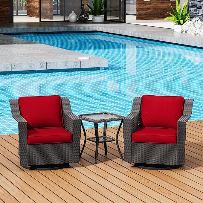 3 Pieces Patio Conversation Furniture Set - 2 Swivel Chairs, 1 Side Table, Outdoor Wicker Rocking Glider Armchairs with Washable and Water-Resistant Cushions for Porch, Balcony (Red)