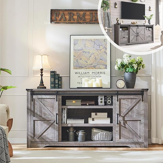 LINGMU Farmhouse TV Stand for 75 80 Inch TV, 32" Tall Entertainment Center w/4 Drawers & Sliding Barn Door, Rustic Media Console w/Storage Shelves, 66" Wood Television Stand for Living Room, Grey