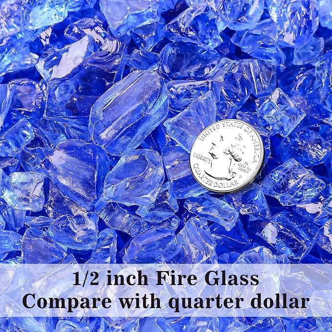 GRISUN Blue Fire Glass for Fire Pit - 1/2 Inch 20 Pounds Tempered Glass Rocks for Natural or Propane Fireplace, Safe for Outdoors and Indoors Firepit Glass