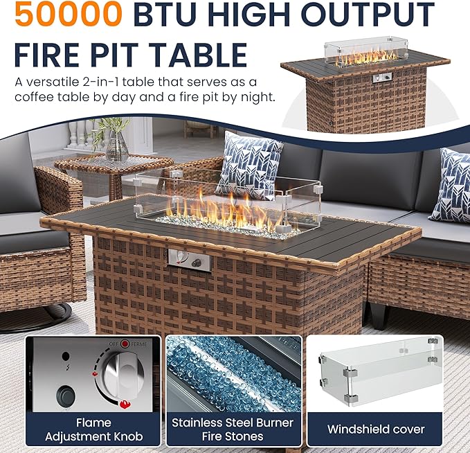 UDPATIO 8 Piece Aluminum Patio Furniture Set with Wicker Fire Pit Table,Mordern Outdoor Furniture Set with Water-Proof Cover Included, Dark Grey/Navy