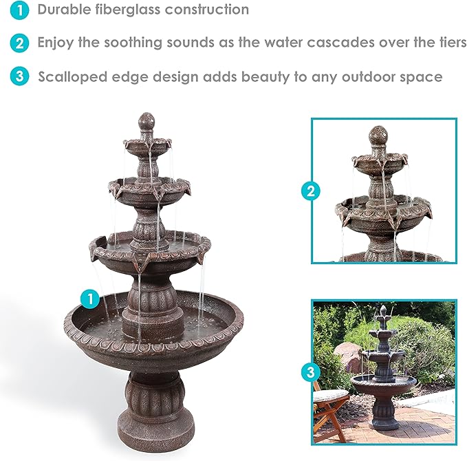 Sunnydaze Mediterranean 49-Inch 4-Tier Outdoor Water Fountain with Electric Submersible Pump for Garden, Patio, or Yard