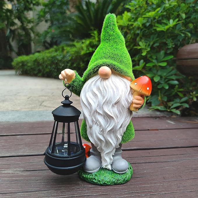 VIOYOUNS Solar Gnomes Garden Statues,Resin Gnome Figurine Holding Mushroom and Solar Lights Lantern,Outdoor Yard Art Decorations for Garden Patio Lawn