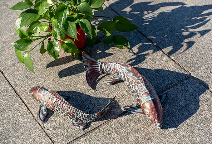 CLYB Garden Statues Koi Fish Decor Antique Copper Koi Garden Decor for Outside,Patio,Backyard,Pond,Home Decoration,Outdoor Metal Fish Sculptures Gardening Gifts for Women Mom Grandma,Set of 2