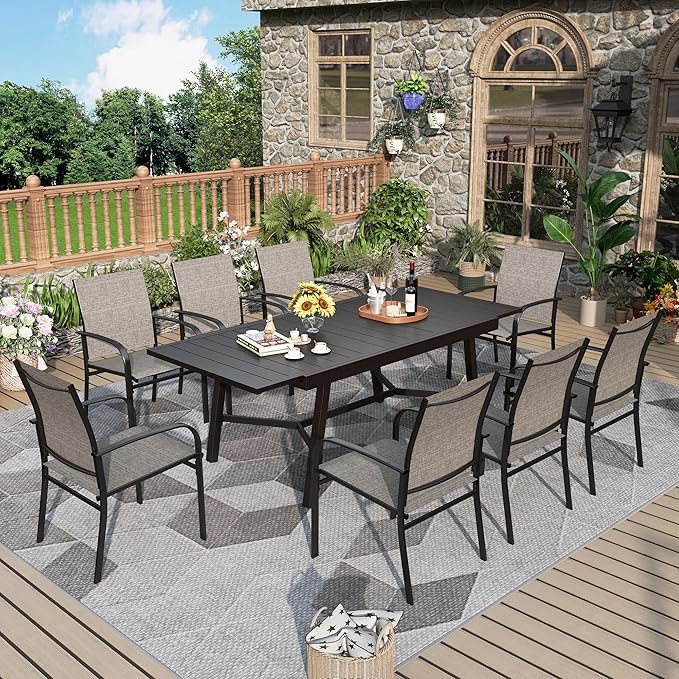9 Pieces Patio Table and Chairs Set, Patio Dining Set for 8, 8 Brown Textilene Chairs and 1 Expandable Patio Dining Table with Umbrella Hole, for Deck Backyard Lawn Poolside