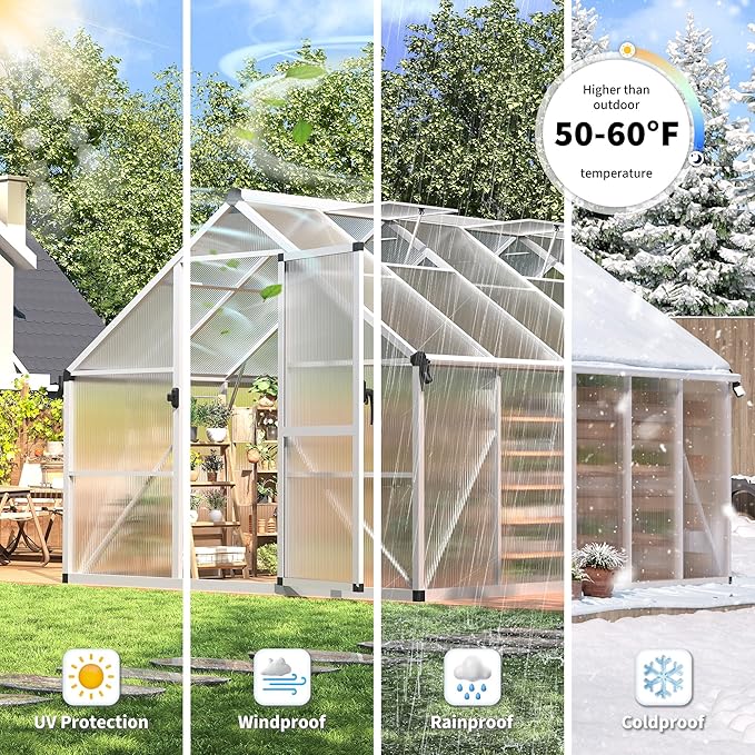 IDEALHOUSE 8X10 FT Greenhouse for Outdoors, Lockable Door and Ajustable Roof Vent, Polycarbonate Greenhouse with Water Gutter System, Aluminum Walk-in Greenhouses, for Backyard, Lawn