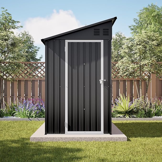 4×8 FT Lean to Metal Shed,Outdoor Heavy-Duty Storage Shed with Floor Base,All Weather Waterproof Garden Tool House W/Lockable Door&2 Air Vent,Reversible Door Design,for Backyard,Patio,Lawn,Black