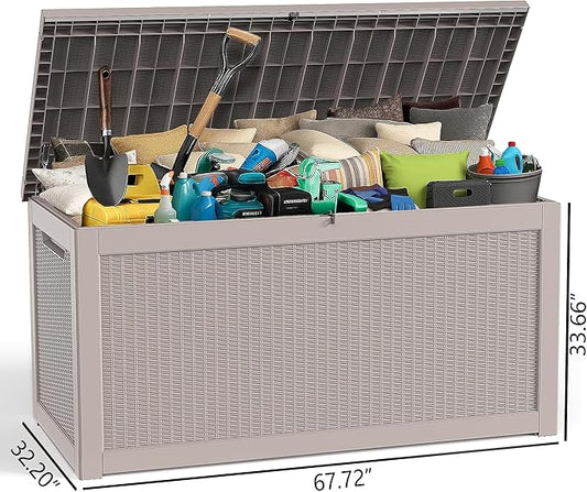 320 Gallon Deck Box XXL Large Outdoor Storage for Patio Furniture,Outdoor Cushions,Garden Tools and Pool Supplies,Waterproof,Resin,Lockable(Grey Rattan)