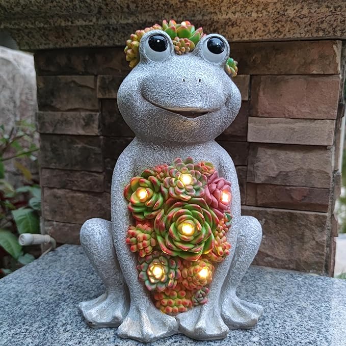 VIOYOUNS Large Frog Solar Garden Outdoor Statues with Succulent and 8 LED Lights,Outside Solar Frog Art Decor for Lawn,Yard, Balcony Ornament