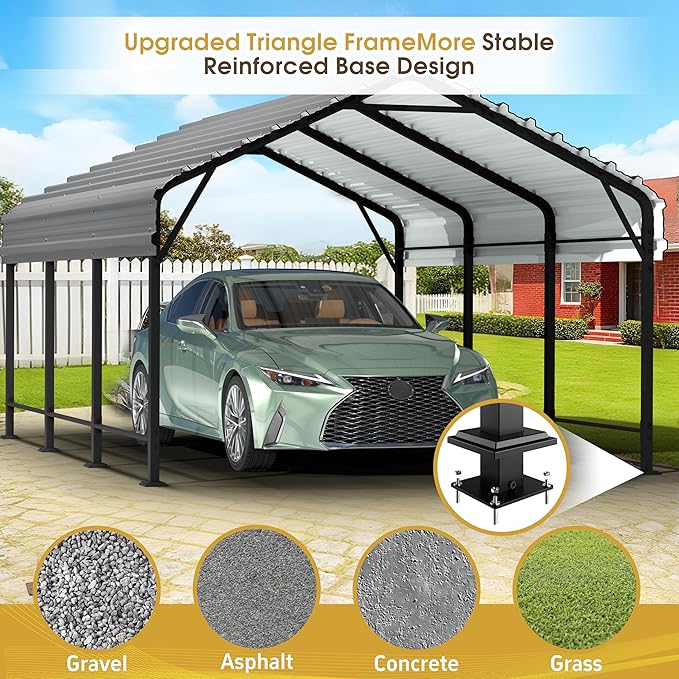 JAMFLY Carport, Heavy Duty Carport Canopy with Galvanized Steel Roof and Frame, Metal Car Garage Upgraded Extra Large Garage for Pickup, Boat, Car and Tractors