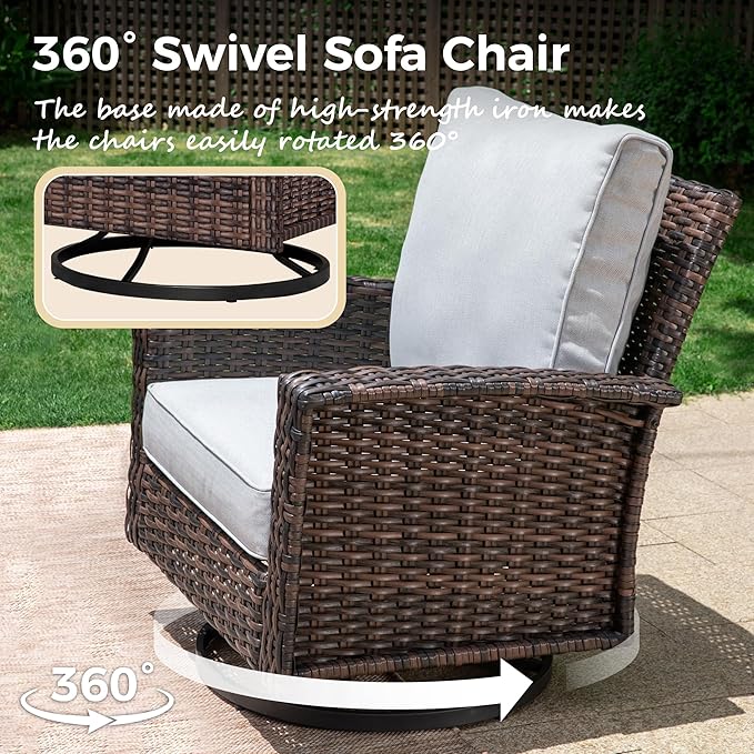 6-Piece Wicker Patio Furniture Set with Swivel Chairs, High Back Outdoor Sofa with 5.5-inch Thick Cushion, All-Weather Wicker Patio Conversation Set for Deck Yard Pool, Grey