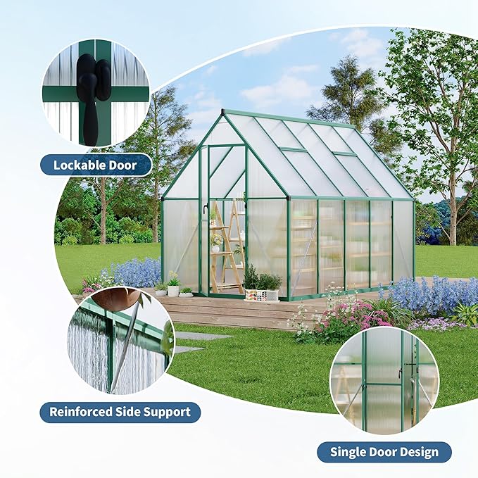 Polycarbonate Greenhouse for Outdoors, Large Walk-InGreenhouse with Quick Setup Structure and Roof Vent, Greenhouse with Ventilation