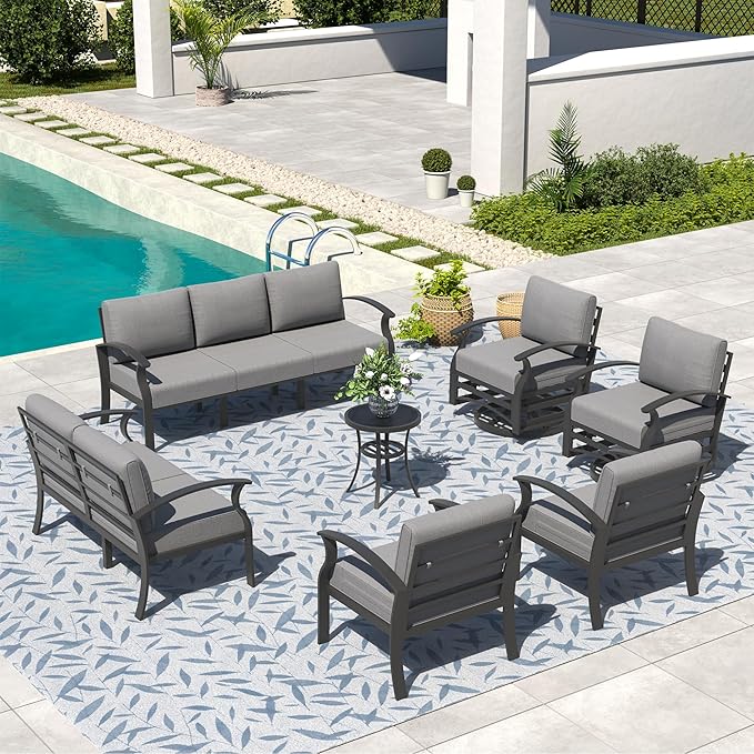 Aluminum Patio Furniture Set, 9 Seats Outdoor Patio Conversation Set with Swivel Chair Modern Metal Patio Sectional Sofa with Upgrade Cushions for Patio, Backyard Grey