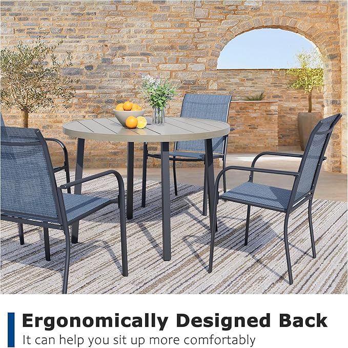 5 Pieces Patio Dining Set for 4, Blue Patio Stackable Chairs and Honey Oak Round Table Set of 4, Outdoor Furniture Set with Sling Support for Outside, Garden