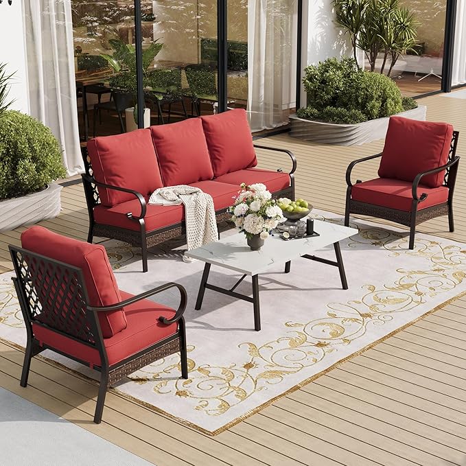 4 Piece Metal Outdoor Patio Furniture Set, Patio Conversation Sets 1 3-Seater Sofa, 2 Chairs with 5.75" Extra Thick Cushion and Coffee Table, Black Frame Backyard Furniture, Rust Red